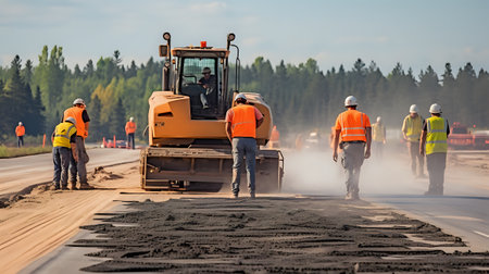 Road construction crew working on a new asphalt road.の素材