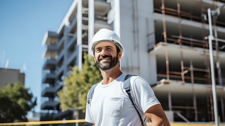 A construction worker wearing a hard hat and a backpack smiles in front of a building under construction.の素材