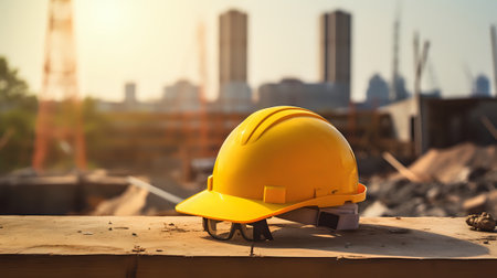 A yellow hard hat and safety glasses rest on a concrete surface against a blurred background of a construction site with an urban skyline in the distance.の素材