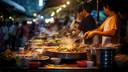 A street food vendor is cooking a large pot of noodles while other vendors can be seen in the background.の素材