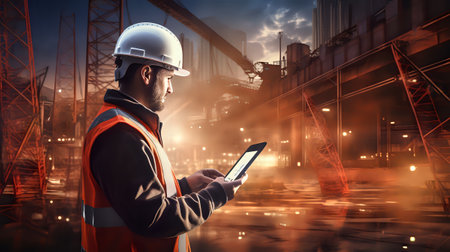 A male engineer wearing a hard hat and safety vest uses a tablet computer while inspecting an industrial site.の素材