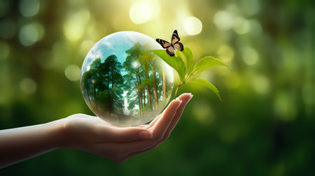 A hand holding a glass ball with a forest scene inside it. A butterfly is perched on a leaf next to the ball.の素材
