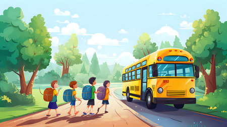 Back to school concept with kids going to school on road and school bus vector illustrationの素材