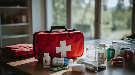Image shows a red first aid kit bag with a white cross on it, sitting on a table with various medical supplies spilled out in front of it.の素材