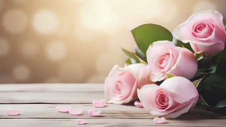 Light pink roses against a soft-focus background with a wood foreground.の素材