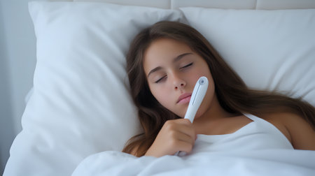 A young girl is sleeping in bed with a thermometer in her hand. She has a fever and is not feeling well.の素材