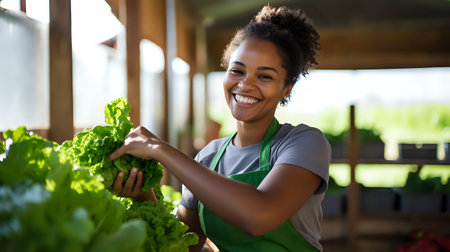 A young woman wearing a green apron is harvesting lettuce in a greenhouse and smiling at the camera.の素材