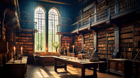 A large library with wooden shelves filled with books, a large window, and a wooden table with books and candles on it.の素材