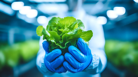A gloved hand holding a head of lettuce in a futuristic greenhouse.の素材