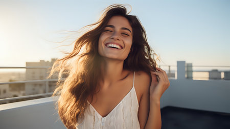 Portrait of a beautiful young woman smiling and laughing with joy and happiness.の素材