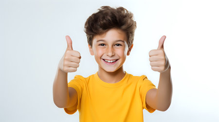 A young boy in a yellow shirt is smiling and giving two thumbs up.の素材