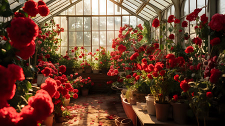 A greenhouse filled with vibrant red flowers of various types, with sunlight streaming through the glass roof.の素材