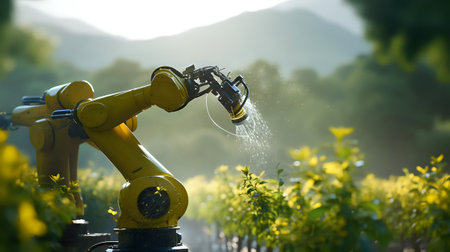 A robotic arm is watering a field of yellow flowers. The robot is yellow and has a long, flexible arm. It is using a hose to spray water on the flowers. The robot is surrounded by green grass and hills in the background.の素材