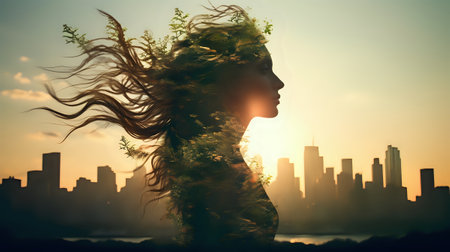 Double exposure of beautiful woman face with hair flying in the wind.の素材
