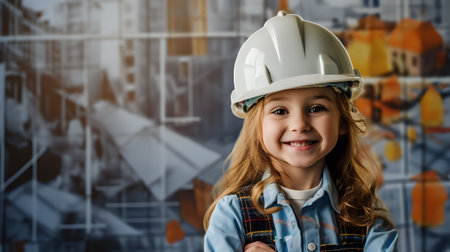 A young girl wearing a hard hat is standing in front of a blue background. She has her arms crossed and is smiling at the camera.の素材