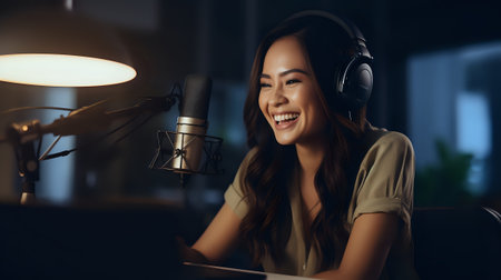 Portrait of happy young woman in headphones working on laptop at nightの素材