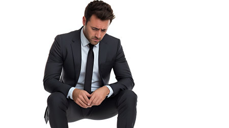 A young businessman in a black suit and tie sits on the floor, his head in his hands. He looks exhausted and stressed.の素材