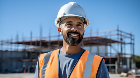 A construction worker wearing a hard hat and safety vest is smiling at the camera.の素材