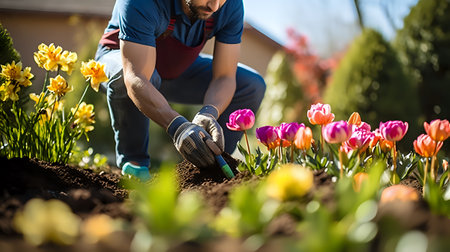 A man wearing a blue shirt and red apron is gardening in a field of tulips. He is kneeling down and using a trowel to dig in the soil.の素材