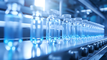 Bottles with a clear blue liquid on a production line.の素材