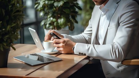 Businessman in white suit jacket using smartphone and laptop in a cafe.の素材