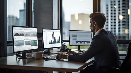 A male stock trader works at his desk, surrounded by multiple computer monitors displaying graphs and charts. He is wearing a suit and tie and has a serious expression on his face.の素材
