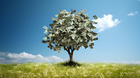 Cash grows on this conceptual money tree against a bright blue sky.の素材