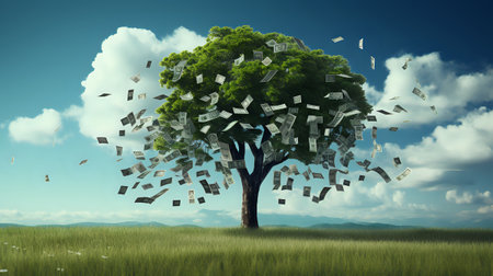 Cash Tree: A surreal and whimsical digital painting of a tree with money blowing off of it.の素材
