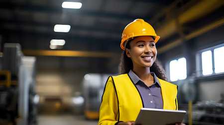 Confident female engineer wearing a hard hat and safety vest while using a tablet in a modern industrial building.の素材