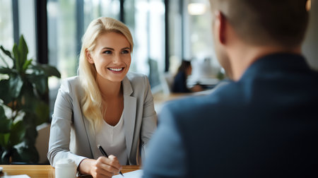 A blonde woman in a gray suit jacket smiles at a man while writing something down.の素材