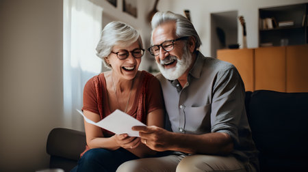 A happy elderly couple sitting on a couch and reading a letter together.の素材