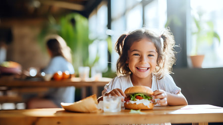 A smiling little girl sits at a table in a restaurant and eats a hamburger.の素材