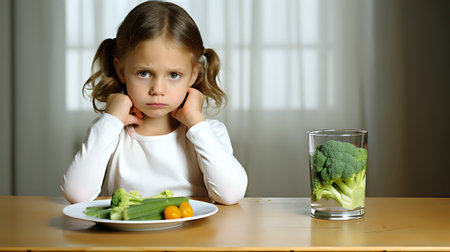 The image shows a young girl sitting at a table with a plate of vegetables in front of her. She is looking at the vegetables with a sad expression on her face.の素材