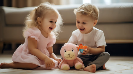 A toddler boy and girl are sitting on the floor playing with a stuffed animal. They are both smiling and appear to be enjoying themselves. The boy is holding a toy and the girl is holding the stuffed animal.の素材