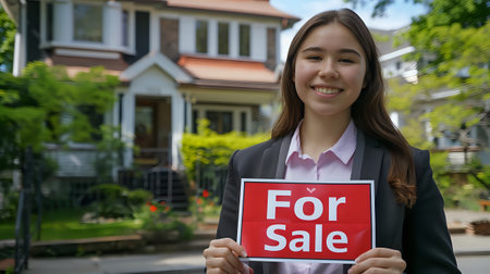 A young woman in a suit is standing in front of a house holding a "For Sale" sign.の素材