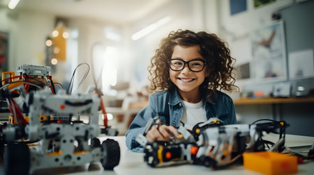 A young girl with curly hair and glasses is working on a robotics project. She is smiling and looking at the camera.の素材