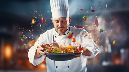 Stir-frying vegetables in a hot pan.の素材