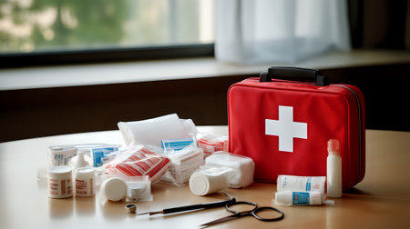 A red first aid kit is sitting on a table. The kit is open, and there are various medical supplies spilled out on the table.の素材