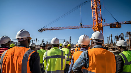 A group of construction workers wearing hard hats and safety vests are standing in front of a large crane.の素材