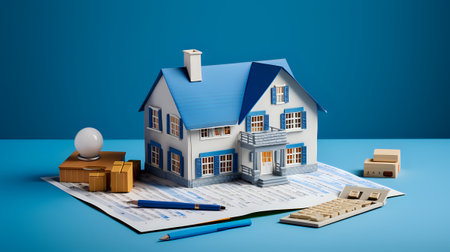 A blue and white model house sits on top of a stack of papers. A calculator and pen are also on the table.の素材