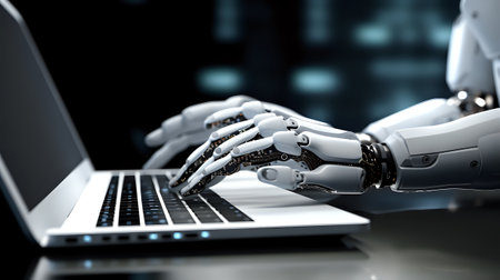 A robot's hands are shown typing on a laptop keyboard.の素材