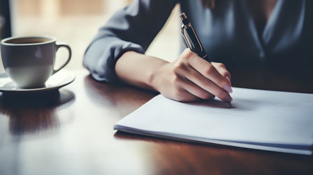 A woman is writing in her notebook while having a cup of coffee.の素材