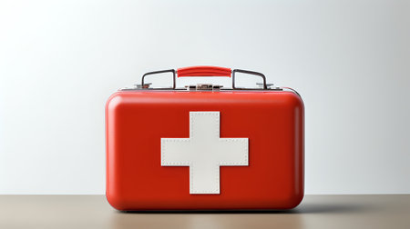 A red first aid kit sits on a table. The kit is made of metal and has a white cross on the front.の素材