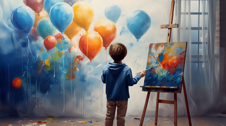 A young boy in a blue sweater paints on a large canvas using bright colors.の素材