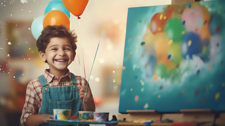 A young boy holds a handful of balloons while standing in front of a painting.の素材