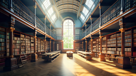 The image shows a large library with a high ceiling and many bookshelves. There is a large window at the end of the room, and the sunlight is streaming in.の素材