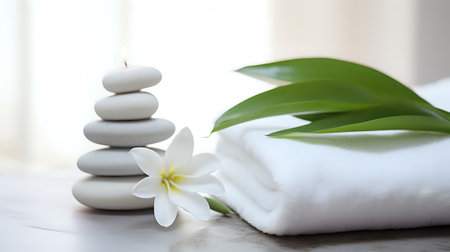 A white flower, green leaves, stacked white stones and a rolled up white towel on a marble table.の素材