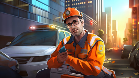 A construction worker wearing a hard hat and safety vest is sitting on a toolbox and looking at his phone. In the background is a busy city street with cars and buildings.の素材