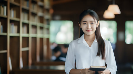 A young woman standing in a library, holding a book and smiling at the camera.の素材