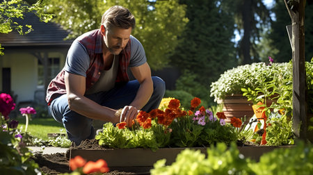 A man kneels in a garden to smell some flowers.の素材